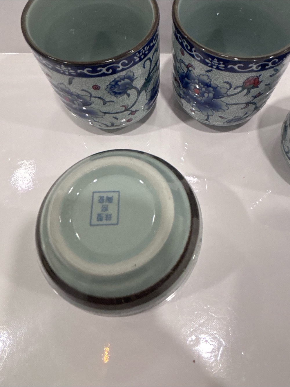 Vintage 4 Japanese porcelain yunomi tea cups blue peonies floral tea bowls - Picture 7 of 9